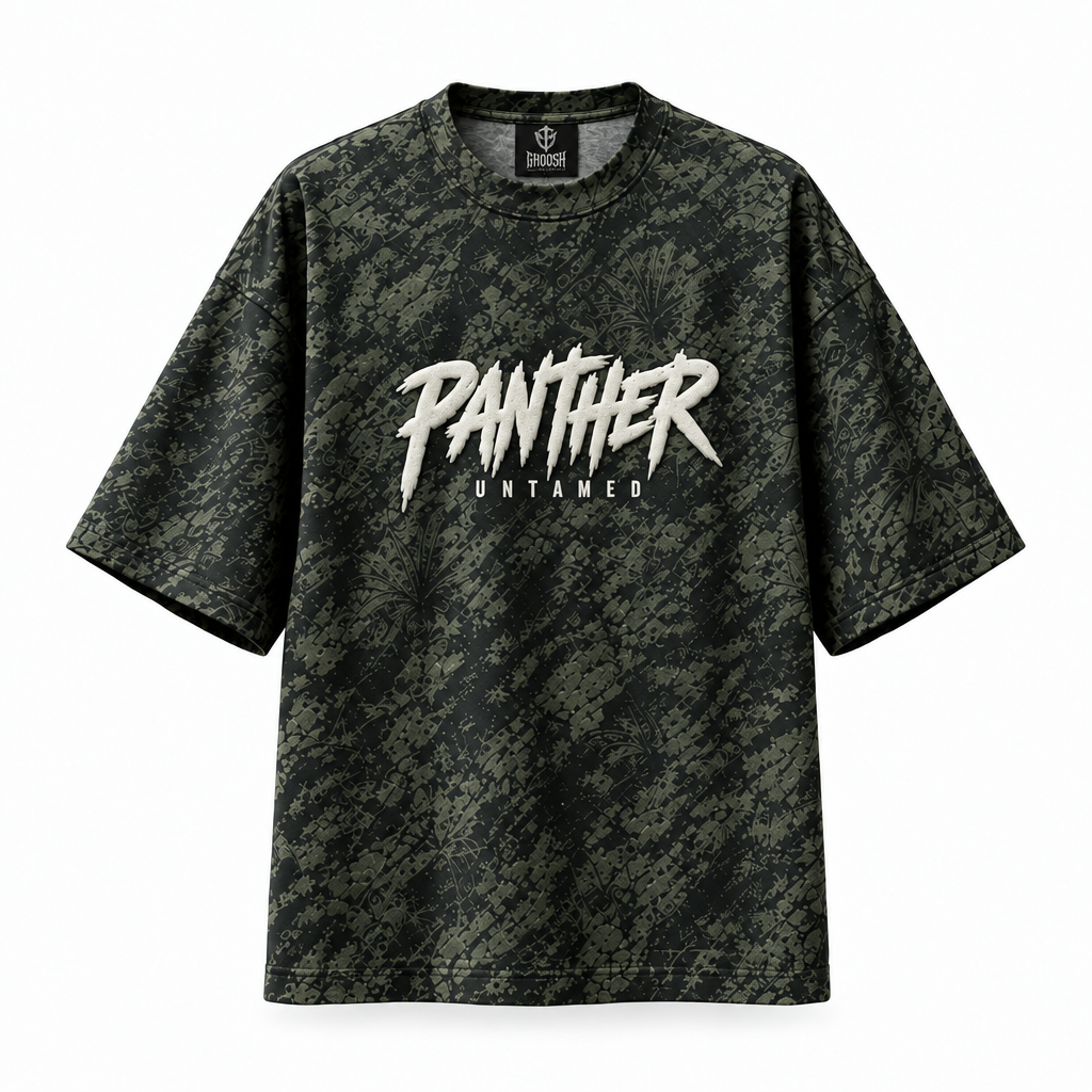 GHOOSH neck tag aur puff PANTHER print wala front mockup